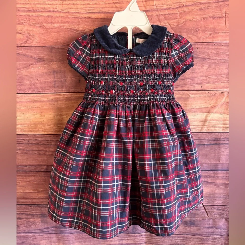 Janie and Jack Girls dress ,Red Blue Plaid Smocked Dress Holiday Christmas - Picture 1 of 9